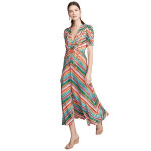 SALONI Lea Button Down V Neck Smocked Short Sleeve Maxi Dress Watercolor Stripe